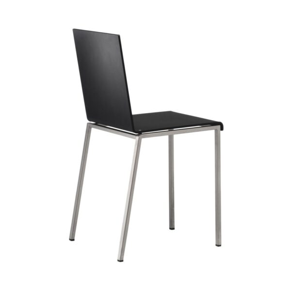 “Bianca chair by Zeusnoto with tall acrylic resin shell in opaque black, supported by slender sandblasted stainless steel legs—minimalist elegance.”