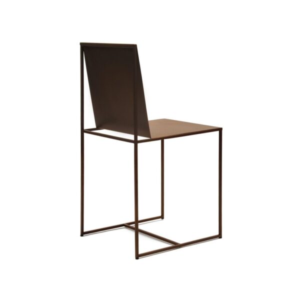 “Slim Sissi chair in embossed rust-colour metal with thin steel frame and optional black leatherette seat cushion—a sleek outdoor-ready design.”