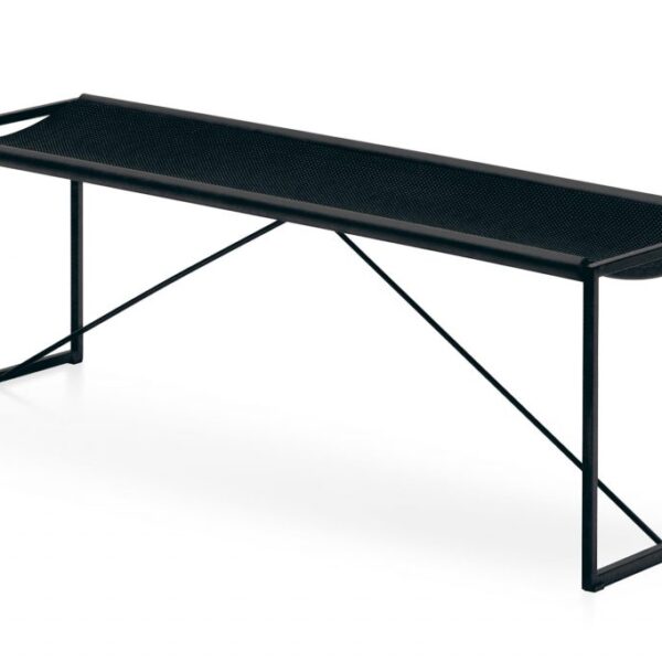 “PANCA by Zeusnoto, a sleek modern bench with smooth wooden surface and minimalist metal legs.”