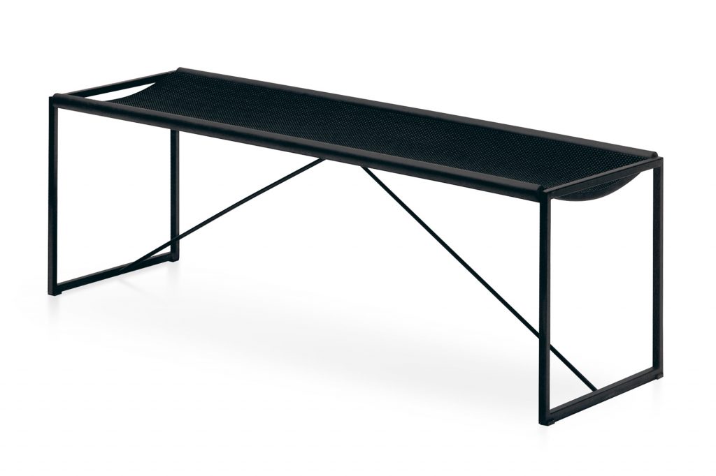 “PANCA by Zeusnoto, a sleek modern bench with smooth wooden surface and minimalist metal legs.”