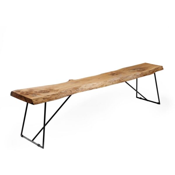 Solid aged olive‑wood bench on slender copper‑black epoxy steel frame.