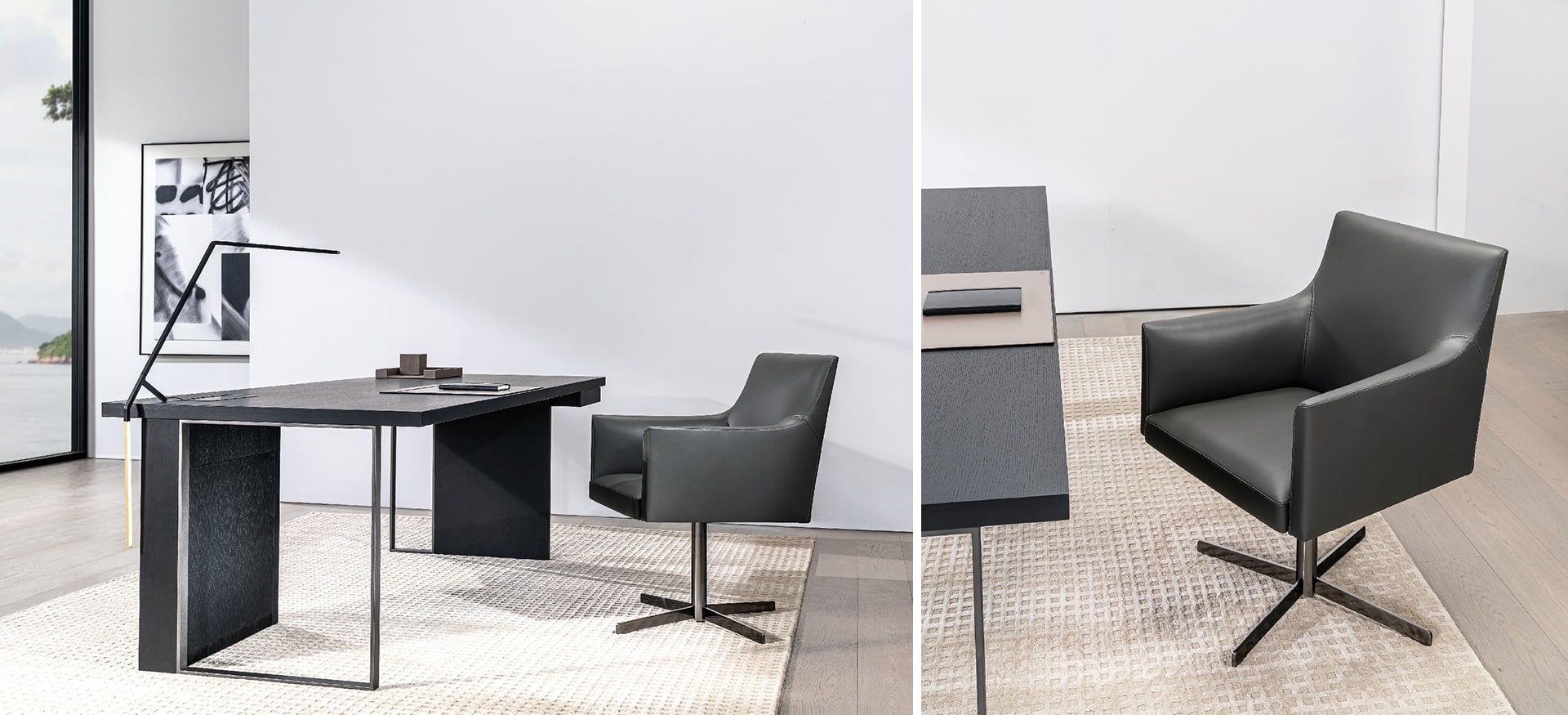 Swivel chair with soft upholstery and minimalist design by Camerich.