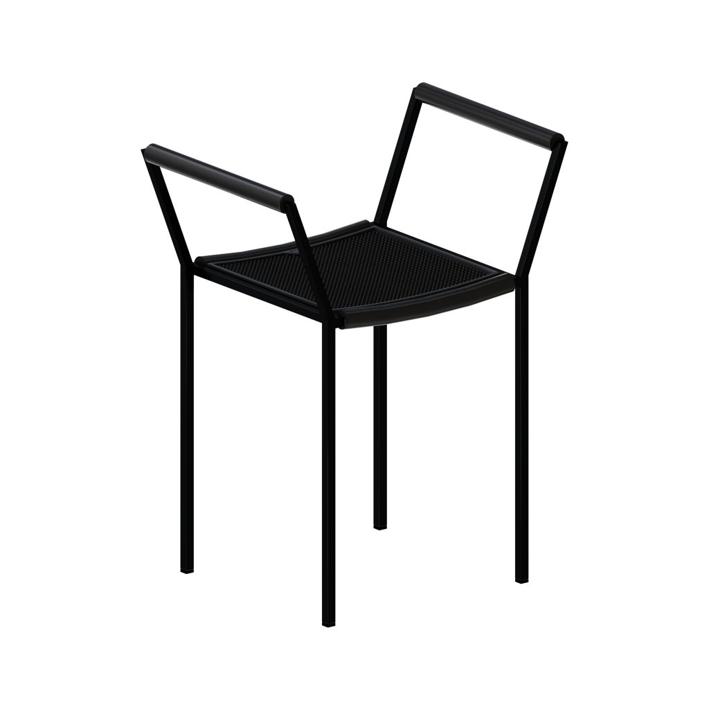 “Savonarola armchair by Zeusnoto with sculpted plywood shell and slim metal sled base, showcasing mid-century modern aesthetics.”