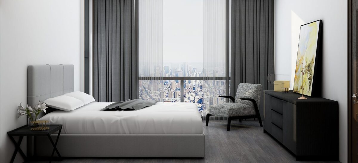 Chic bed design with clean lines and plush headboard by Camerich.