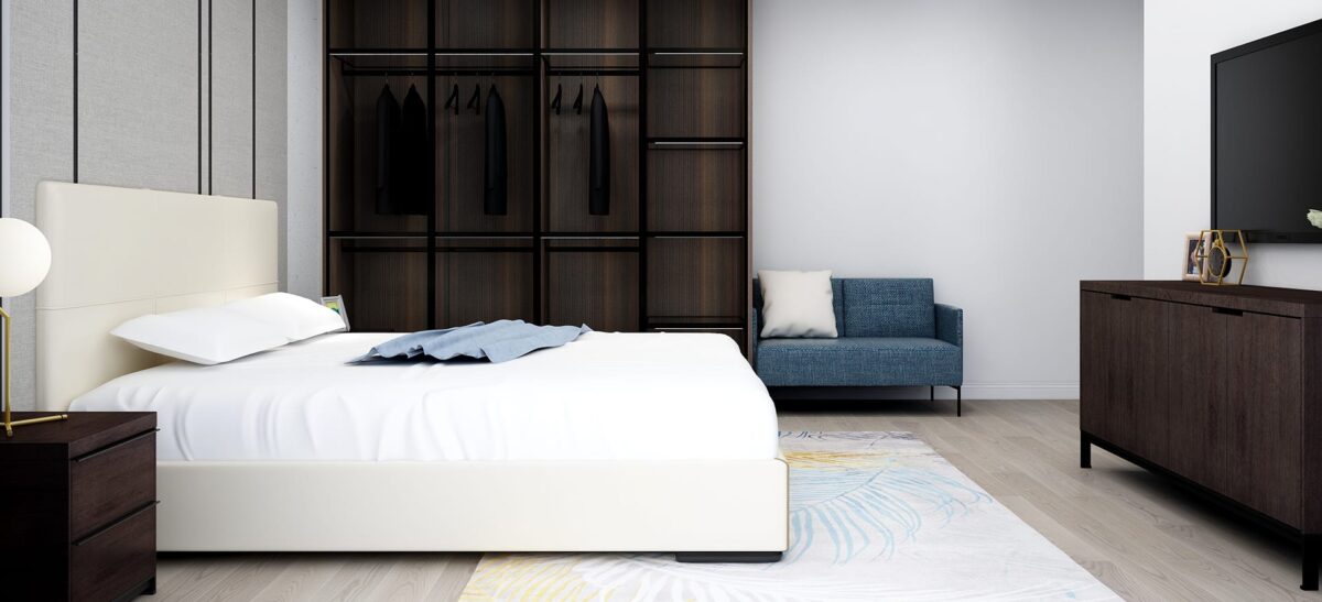 Contemporary bed with sleek lines and distinct high headboard by Camerich.