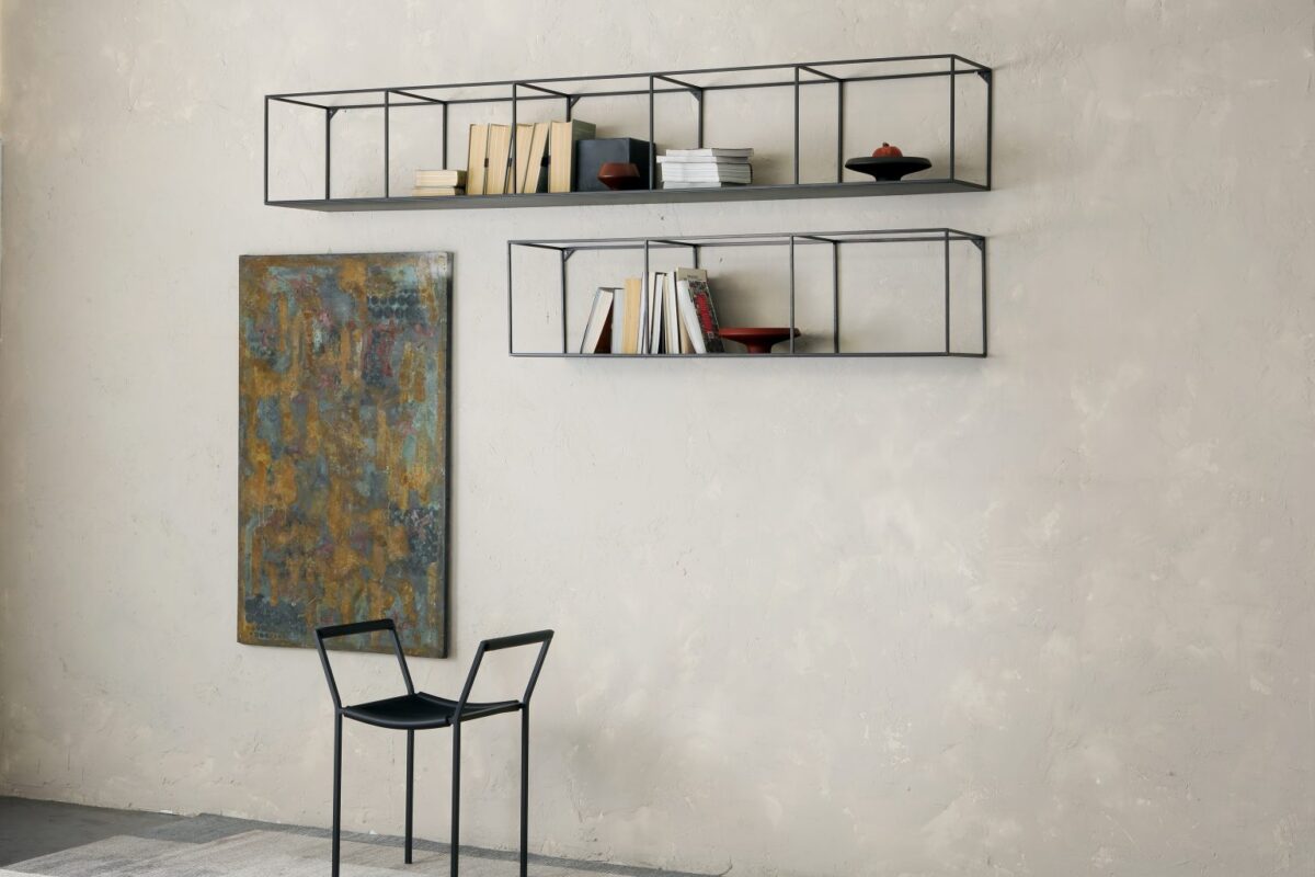 Wall-mounted rack with slim steel frame and open design by Zeusnoto.