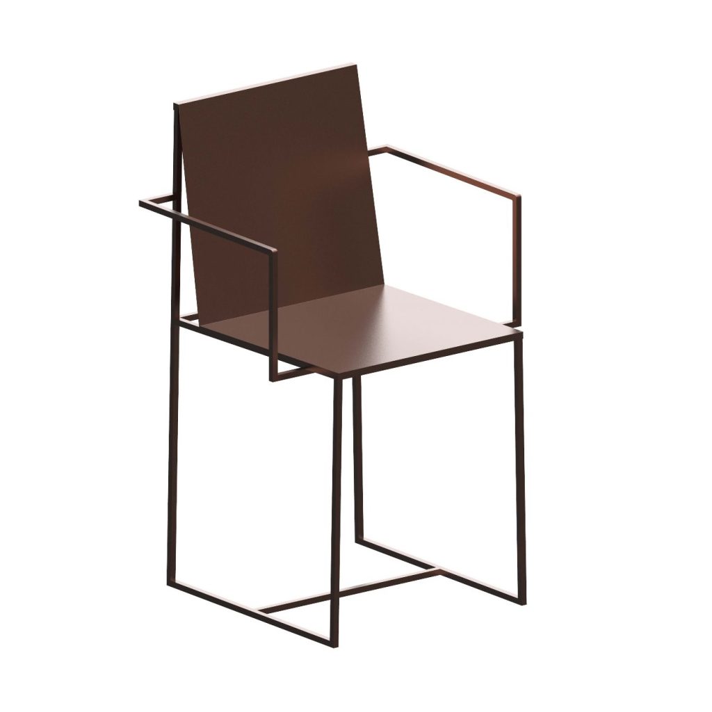 “Slim Sissi Armchair in embossed rust-colored metal with thin sled frame and optional seat cushion, placed in a bright indoor lounge.”