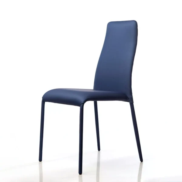 Peressini Swing 1B dining chair in chocolate brown leather with high slender back and thin metal legs, set against a white studio backdrop.