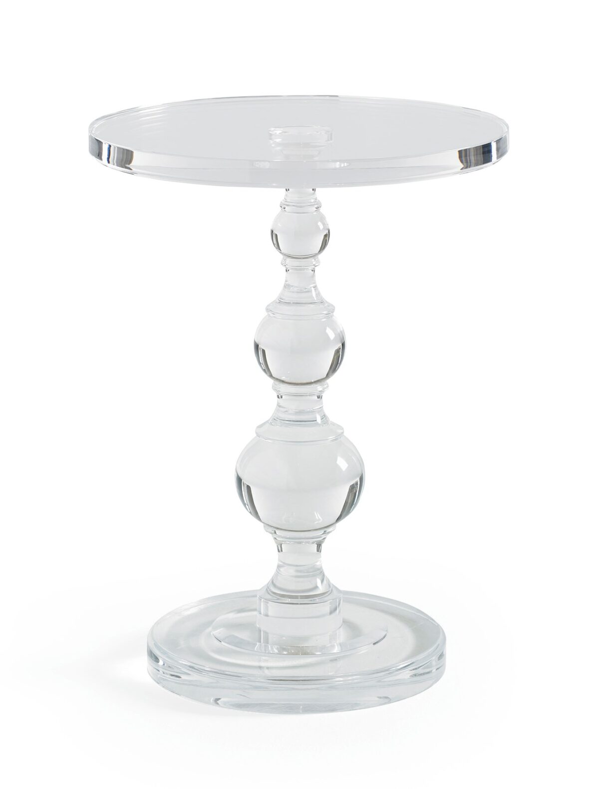 All Clear by Caracole – Acrylic sculpted pedestal side table with a round clear top and beveled edges.