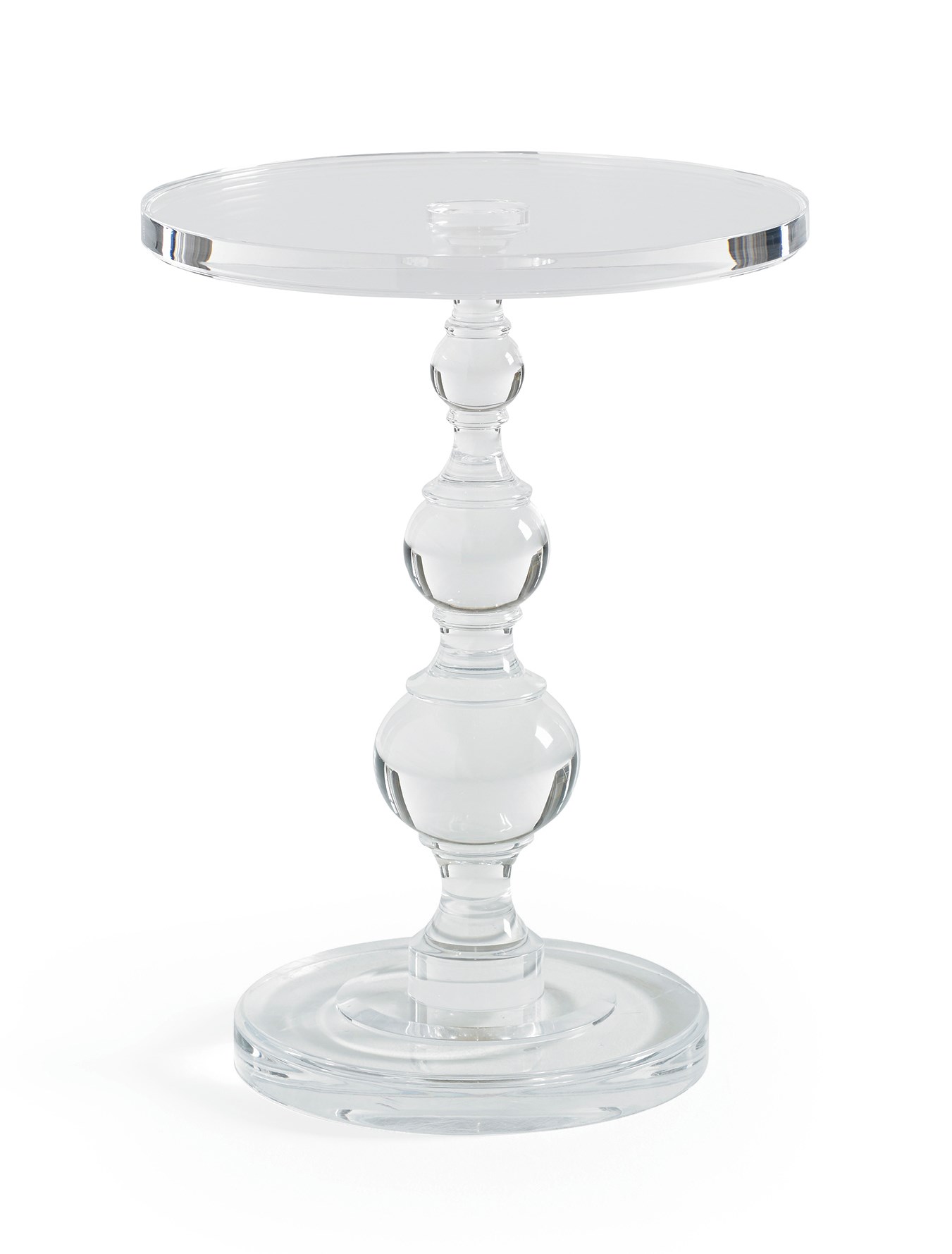 All Clear by Caracole – Acrylic sculpted pedestal side table with a round clear top and beveled edges.