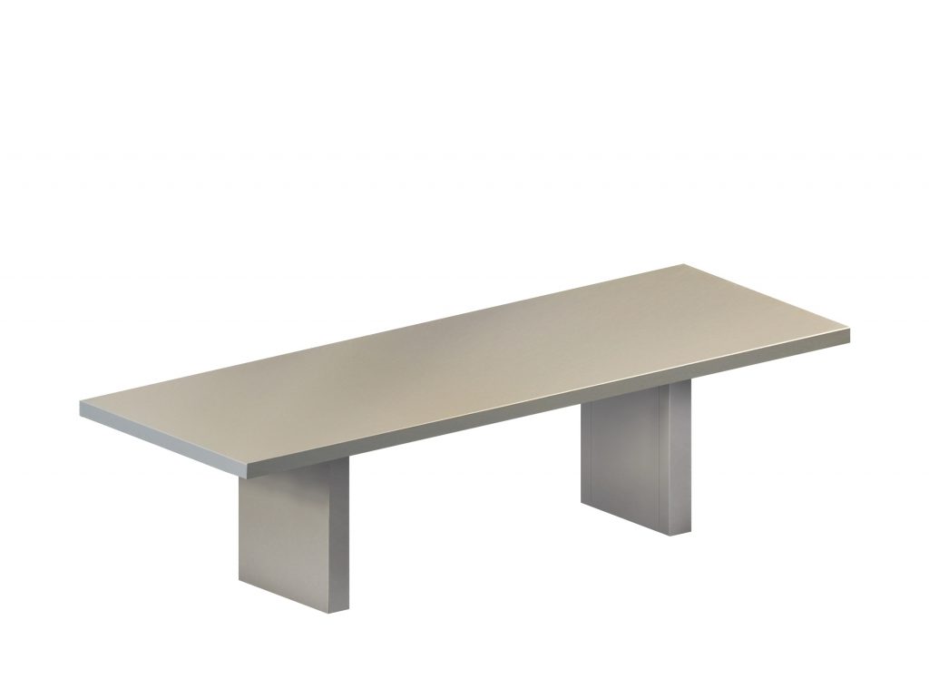 “TOMMASO OUTDOOR Table by Zeusnoto featuring a slim, weather-resistant tabletop with lightweight metal legs.”
