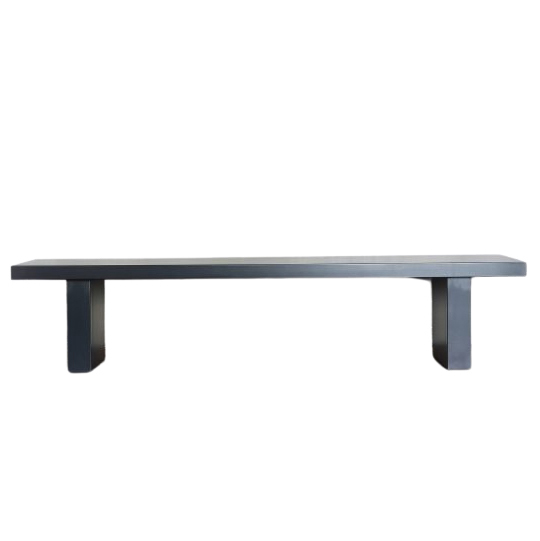 Minimalist indoor bench featuring a phosphatized steel slab top and matching supports.