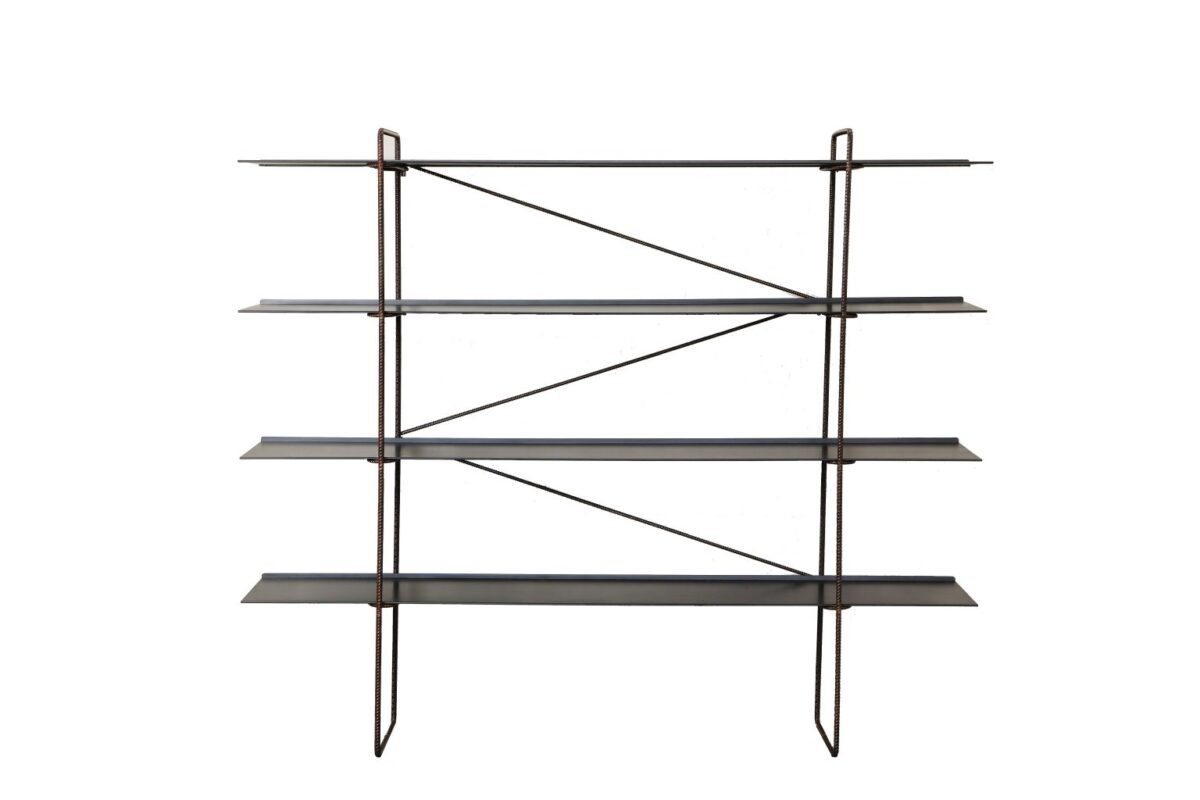 Curved steel bookcase with open circular frame by Zeusnoto.