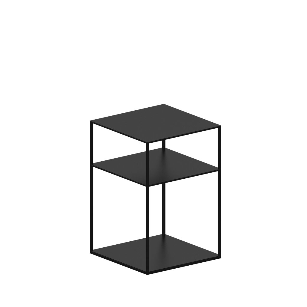 “Compact and stylish SLIM IRONY TRIPLET Low Table by Zeusnoto with a matte metal top and angular triple base.”