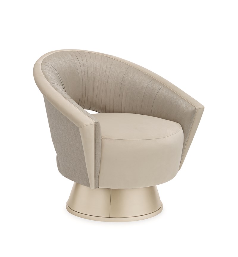 A Com-Pleat Turn Around chair by Caracole featuring elegant pleated upholstery and swivel base.