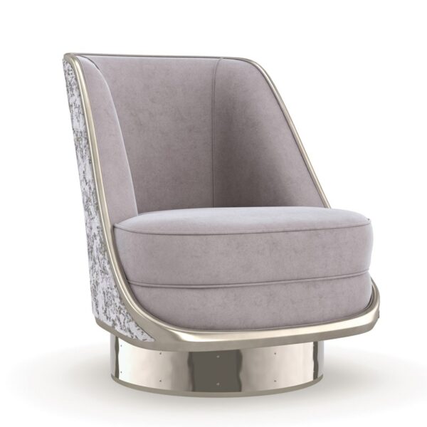 Modern swivel chair featuring a barrel base finished in Harvest Bronze with a Champagne Gold metal wrap, upholstered in plush espresso chenille and a textural geometric pattern highlighted with gold metallic yarns