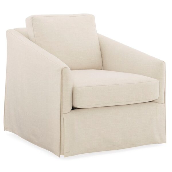 "Casual Affair Sofa by Caracole in soft neutral fabric with sleek sloped arms and a tailored dressmaker skirt, featuring loose seat and back cushions, springdown construction, and feather down pillows for luxurious comfort.