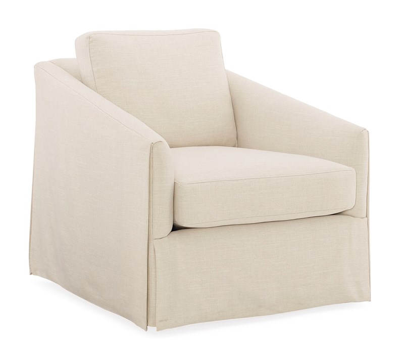 "Casual Affair Sofa by Caracole in soft neutral fabric with sleek sloped arms and a tailored dressmaker skirt, featuring loose seat and back cushions, springdown construction, and feather down pillows for luxurious comfort.