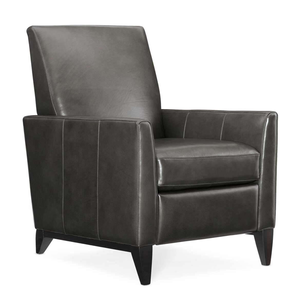 Sleek push-back recliner in Almost Black leather with clean lines and tapered wood legs, offering modern comfort for contemporary living rooms.