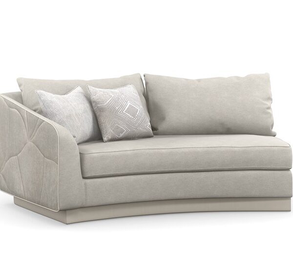 Caracole Fanciful LAF Loveseat – Upholstered in tonal gray performance fabrics with a decorative quilted pattern and pearl vinyl-wrapped base. Ideal for contemporary interiors in Birmingham, Michigan.