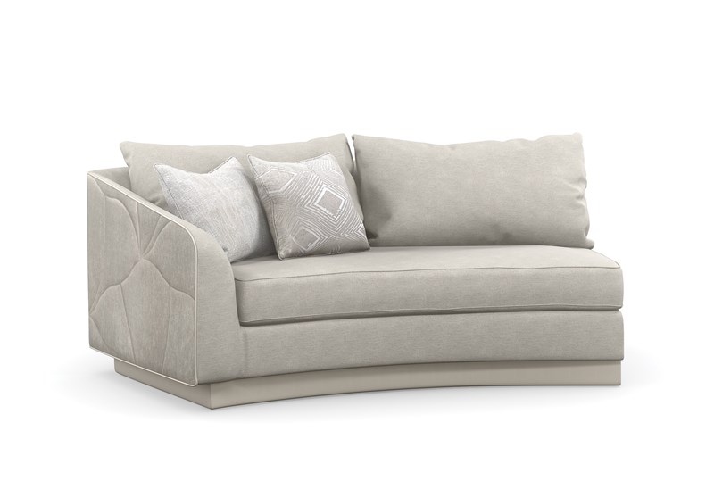Caracole Fanciful LAF Loveseat – Upholstered in tonal gray performance fabrics with a decorative quilted pattern and pearl vinyl-wrapped base. Ideal for contemporary interiors in Birmingham, Michigan.