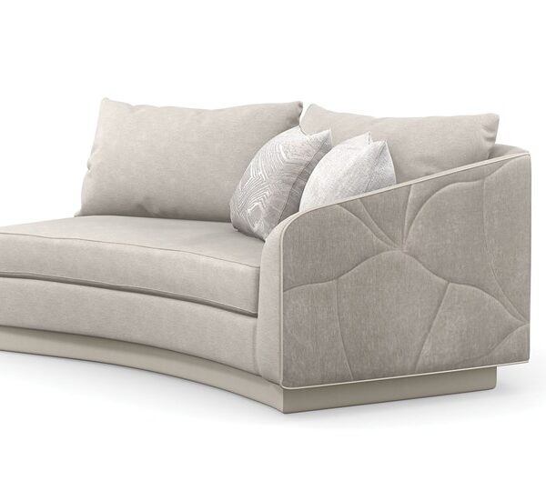 Caracole Fanciful RAF Loveseat with 76.5-inch width, 54.5-inch depth, and 30.5-inch height, featuring a curved silhouette and contrast welt trim for a sophisticated look.