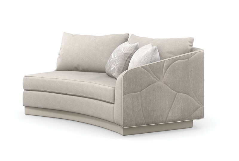 Caracole Fanciful RAF Loveseat with 76.5-inch width, 54.5-inch depth, and 30.5-inch height, featuring a curved silhouette and contrast welt trim for a sophisticated look.