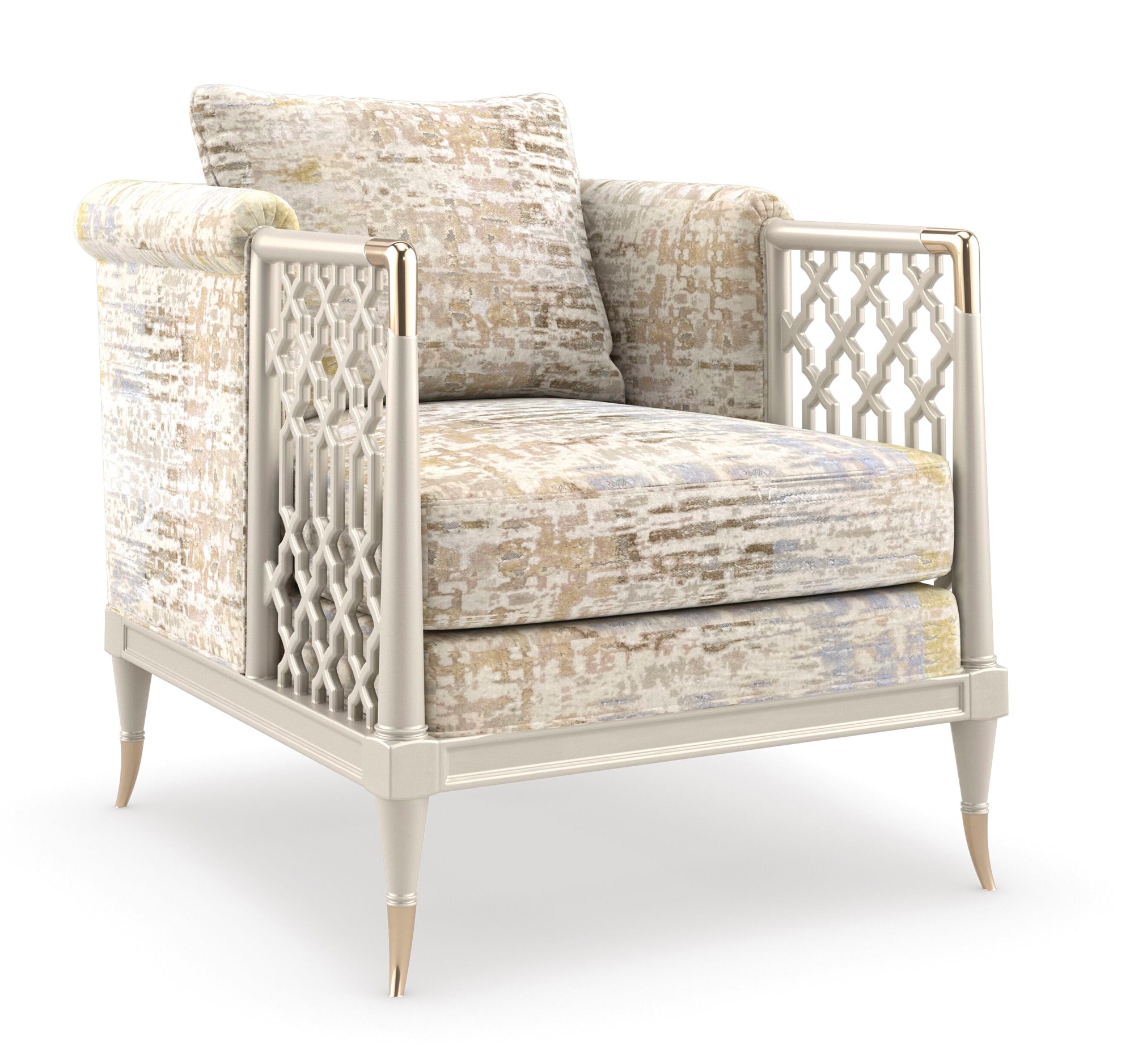 Elegant sofa featuring an exposed wood frame with carved lattice design on the arms, finished in Tuxedo Black with matte brass-plated accents, offering a luxurious seating experience.