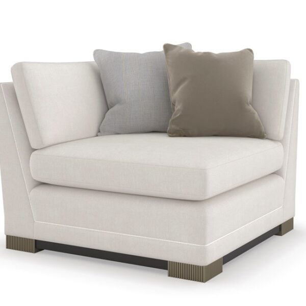 Caracole Deep Retreat modular sectional featuring a classic shelter style with a softly textured chenille performance fabric in white, complemented by braided leather welt detailing, fluted Silver Shadow legs, and a Dark Chocolate wood base, offering luxurious comfort and modern elegance.