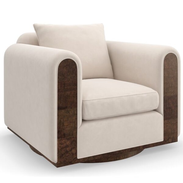 Signature Swivel Chair by Caracole in luxurious taupe velvet, featuring a deep seat and low-profile back with an elegant brushed brass swivel base for added sophistication.
