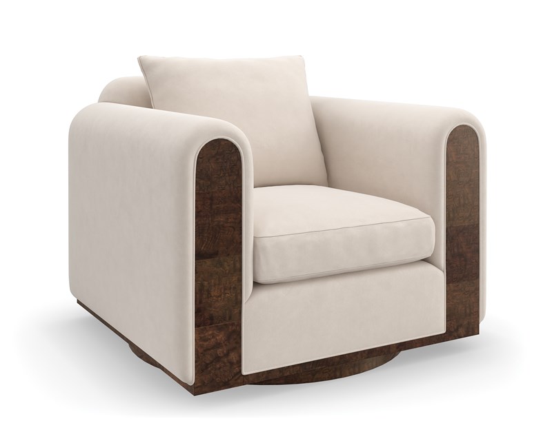 Signature Swivel Chair by Caracole in luxurious taupe velvet, featuring a deep seat and low-profile back with an elegant brushed brass swivel base for added sophistication.