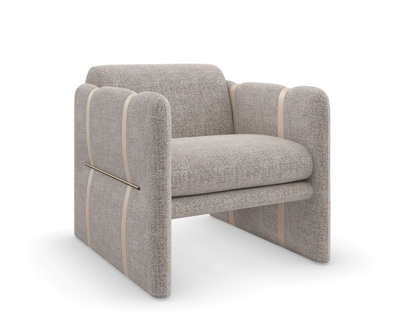"Cigar Club Chair by Caracole featuring a soft-lined silhouette with an oversized bolstered back and sheltering arms cinched with faux leather straps, wrapped in a casual taupe and ivory textured woven fabric, complemented by metal bar accents in a Brushed Gold finish
