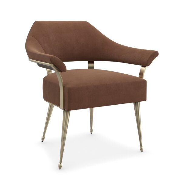 Elegant accent chair featuring a slender Champagne Gold metal frame and rust-colored mohair upholstery, accented with an exposed Galway Burl wood detail, inspired by French antique design.