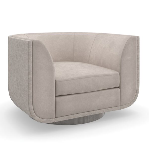 Clipper Chair by Caracole in taupe faux-mohair velvet and silver metallic fabric, featuring a self-return swivel base with micro-reeded detailing in Charcoal Leaf finish, offering a Space Age-inspired design with a streamlined silhouette