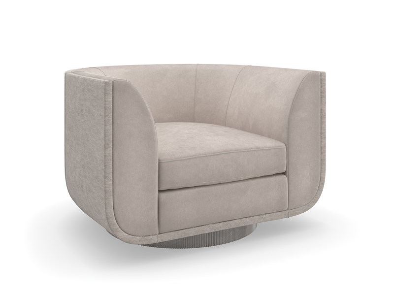 Clipper Chair by Caracole in taupe faux-mohair velvet and silver metallic fabric, featuring a self-return swivel base with micro-reeded detailing in Charcoal Leaf finish, offering a Space Age-inspired design with a streamlined silhouette