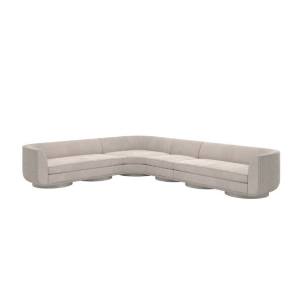Clipper 4PC sectional by Caracole, upholstered in a taupe faux-mohair velvet inside and silver metallic fabric outside.