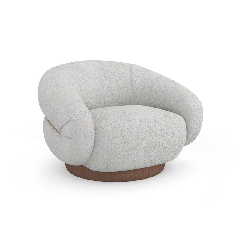 Serene Chic Chair by Caracole in soft taupe upholstery with hand-carved legs in a warm espresso finish, featuring a wide back and plush cushioning for enhanced comfort.