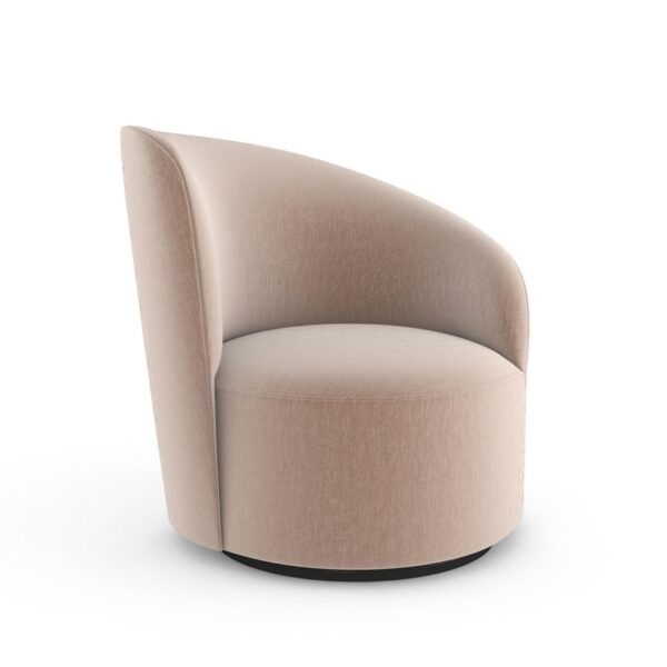 The Caracole Whorl RAF Swivel Chair, a modern and contemporary accent chair with a unique asymmetrical back that sweeps downwards on the right, upholstered in an iridescent taupe or beige fabric, and featuring a discreet swivel base finished in Almost Black.