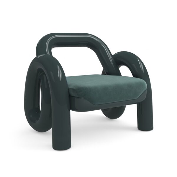 Sculptural chair featuring wide extruded tubes of Apatite Gloss colored resin intertwining in a retro, slinky-like fashion, creating an open chair back with tubular curved side arms and legs