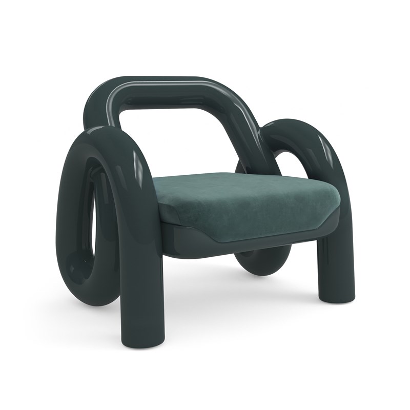 Sculptural chair featuring wide extruded tubes of Apatite Gloss colored resin intertwining in a retro, slinky-like fashion, creating an open chair back with tubular curved side arms and legs