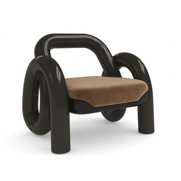 Sculptural chair featuring wide extruded tubes of Chocolate Truffle resin, intertwining in a retro, slinky-like fashion to create an open chair back and tubular curved side arms and legs.