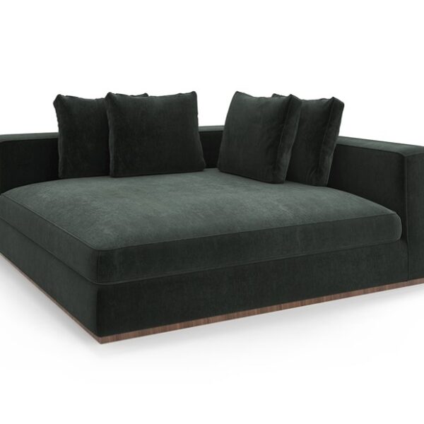 Caracole Bello Corner RAF Chaise, nearly the width of a queen bed, with four matching down pillows.