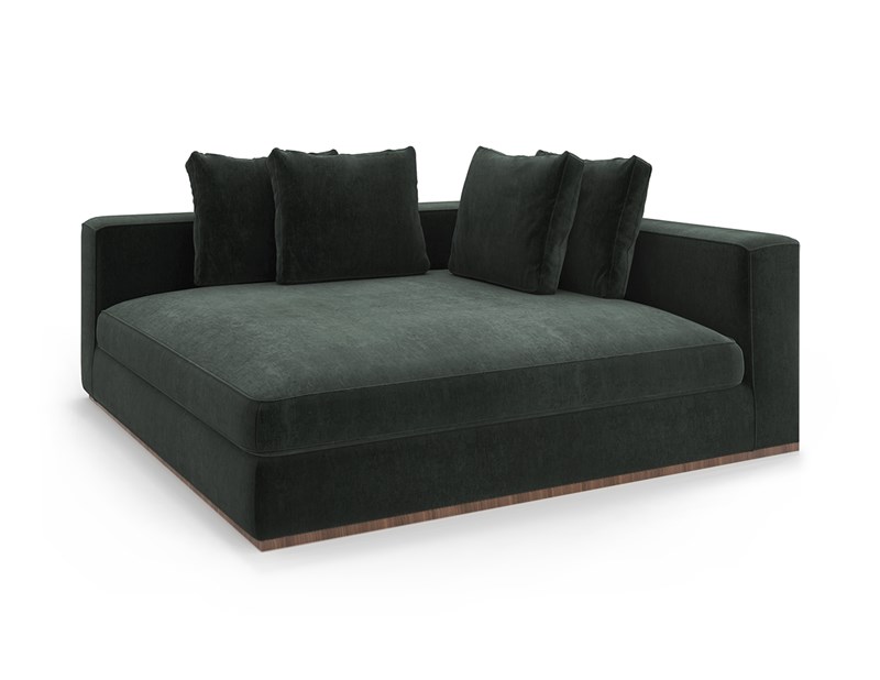 Caracole Bello Corner RAF Chaise, nearly the width of a queen bed, with four matching down pillows.