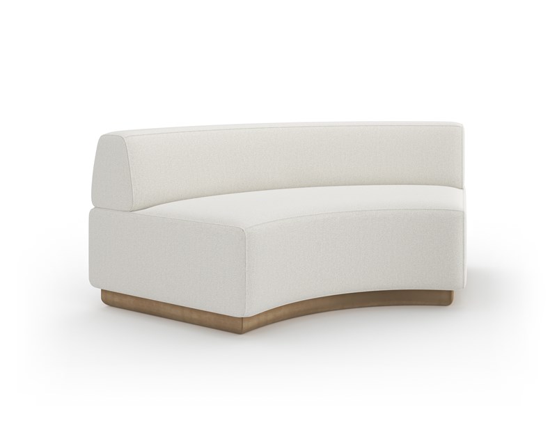 Caracole Crescent Armless Wedge featuring a fully upholstered tight seat and back, complemented by a Brushed Gold-painted base, offering a sleek and contemporary silhouette for modern interiors.
