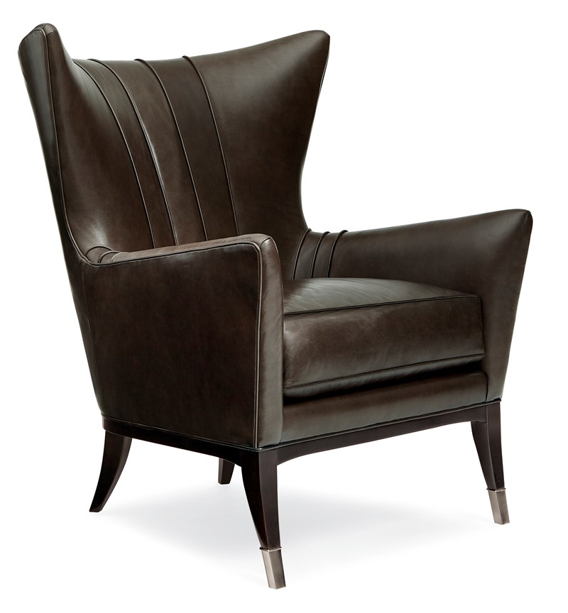 So Welt Done Wingback Chair by Caracole, featuring plush leather upholstery, Midnight finish wood base, and elegant vertical welt stitching.