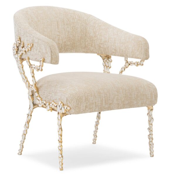 Sculptural accent chair featuring a custom-designed solid brass frame with white enamel inlay, finished in Gold Brush, resembling organic branches reaching toward the light