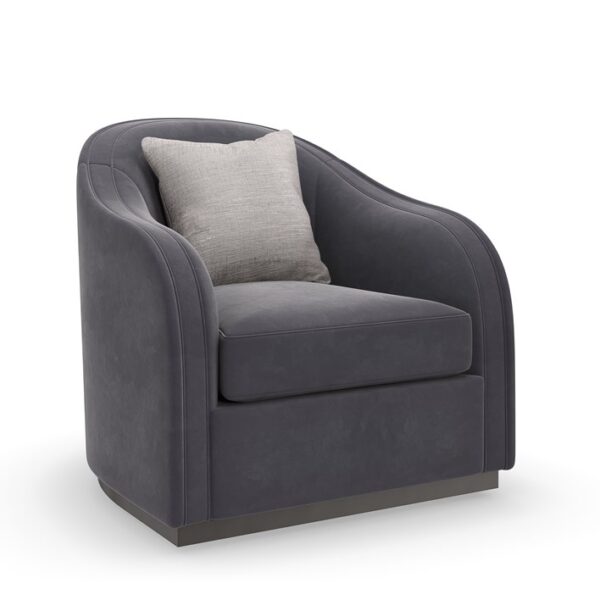 Modern accent chair featuring an enveloping silhouette with plush charcoal velvet upholstery, perfect for adding a touch of luxury to contemporary living rooms in Royal Oak, Michigan.