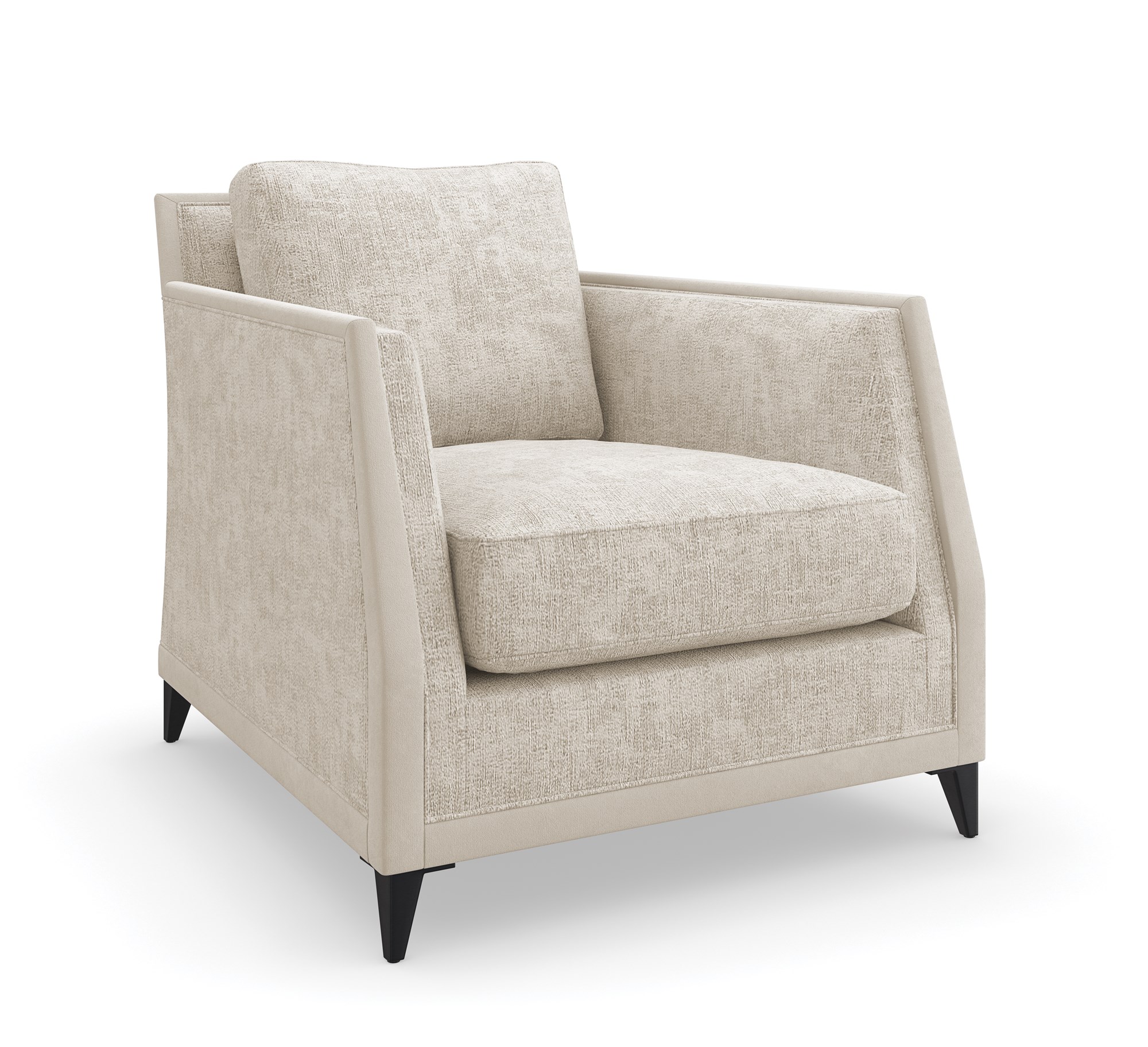 Elegant accent chair featuring a distressed chenille fabric, micro suede border, and Brushed Deep Bronze metal legs, perfect for contemporary living rooms in Royal Oak, Michigan.