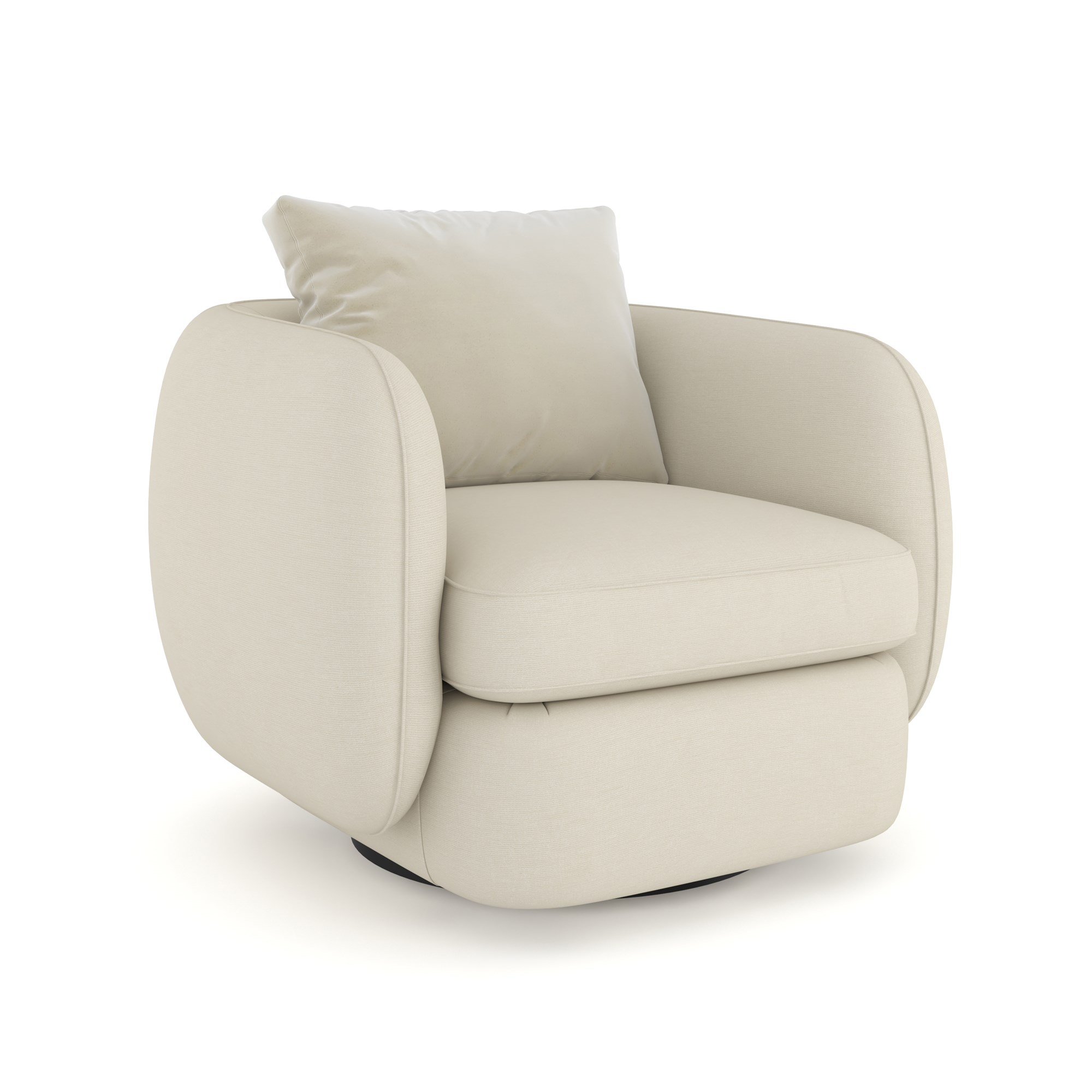 Contemporary barrel-style chair featuring plush ivory upholstery and a sleek, almost black wood base, offering a modern twist on classic design.
