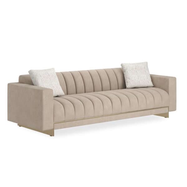 Caracole 105 Well Balanced Sofa, modern tufted sofa, luxury gold base sofa, Moonstone fabric sofa, Italian design sofa, contemporary living room furniture, large upholstered sofa.